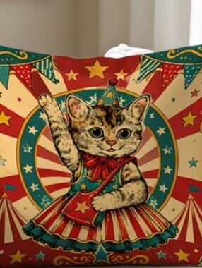 Vintage Circus Cat Decorative Throw Pillowcase  - Red, Cream, Teal